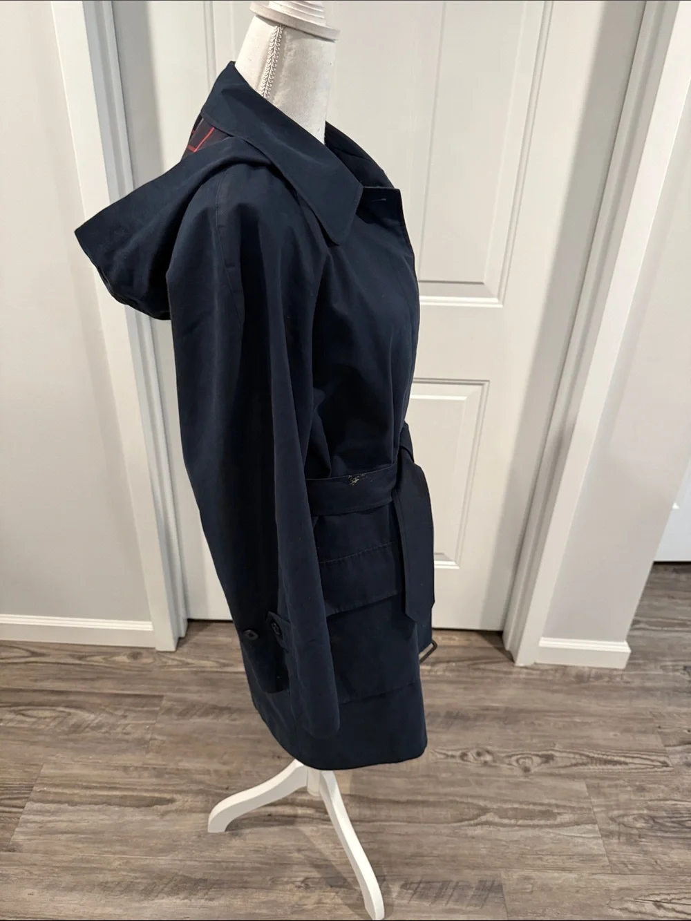 Burberry London Rain Jacket Trench Coat Removable Hood Belted Navy Women’s - Picture 5 of 14